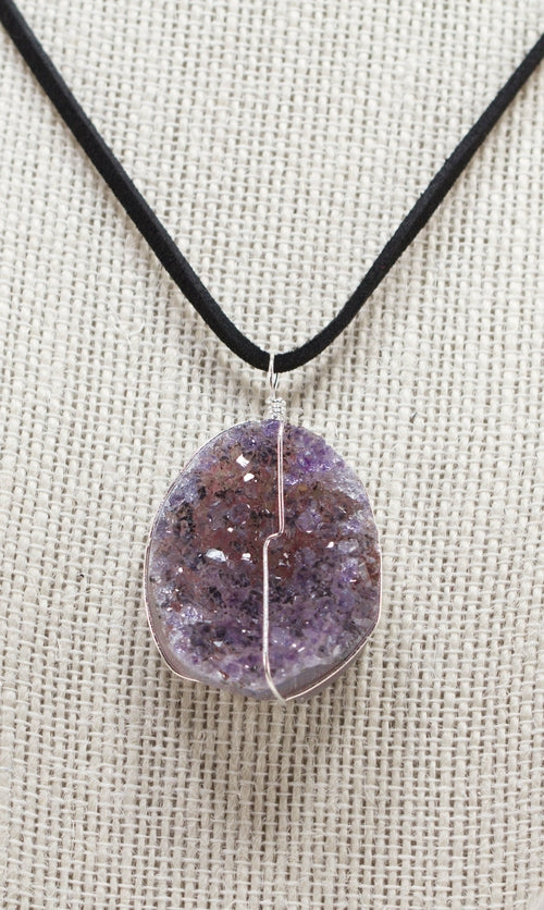 Druse Crystal Pendant Leather Necklace