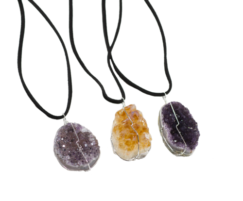 Druse Crystal Pendant Leather Necklace
