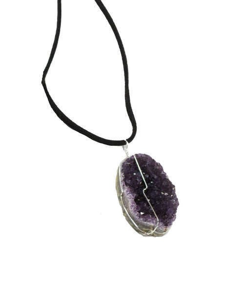Druse Crystal Pendant Leather Necklace