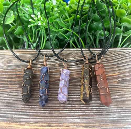 Wire Cage Wrapped Crystal Point Variety Gemstone Necklace