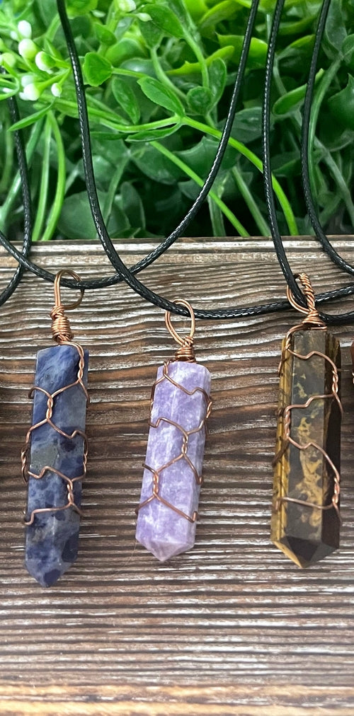 Wire Cage Wrapped Crystal Point Variety Gemstone Necklace