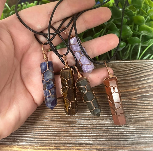 Wire Cage Wrapped Crystal Point Variety Gemstone Necklace